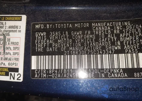 2005 Toyota Corolla Le z USA, uszkodzony, nr VIN 2T1BR30E75C343347